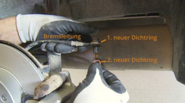 Die Dichtungen verhindern, dass Bremsflüssigkeit an der Hohlschraube austreten kann. neue Dichtungen für Bremsschlauch-Hohlschraube