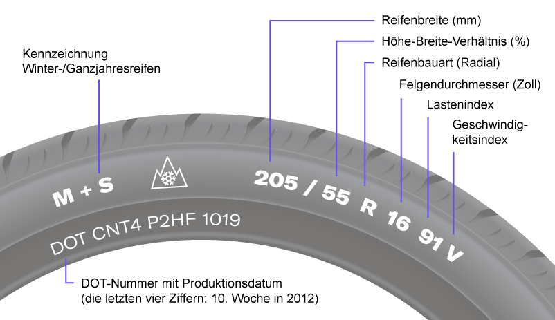 Infografik zur Kennzeichnung auf dem Reifen (Reifengre, Lastindex, Geschwindigkeitsindex etc.)