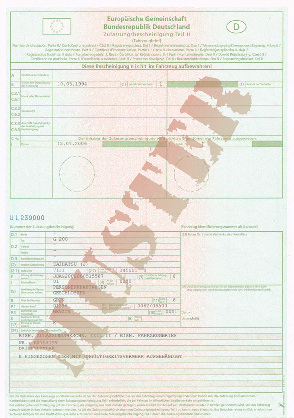 Zulassungsbescheinigung Teil II (Fahrzeugbrief)