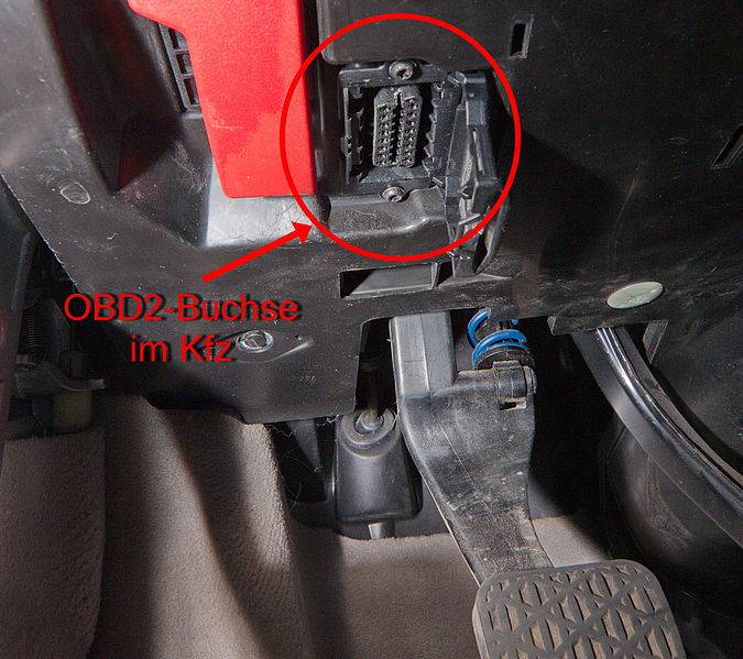 Um den Fehlerspeicher auslesen zu können, muss das Diagnosegerät über die OBD-Buchse mit den Steuergeräten kommunizieren können. OBD-2-Buchse eines Autos