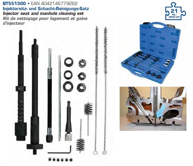 BRLLIANT TOOLS BT551300 Injektorsitz- und Schacht-Reinigungs-Satz, 21-tlg  [Powered by KS Tools] 