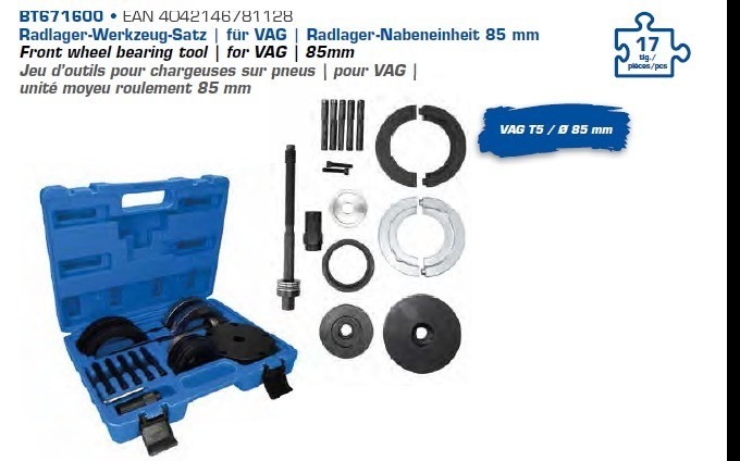 BRILLIANT TOOLS BT671600 Jeu d'outils pour roulements de roues pour VAG 85  mm