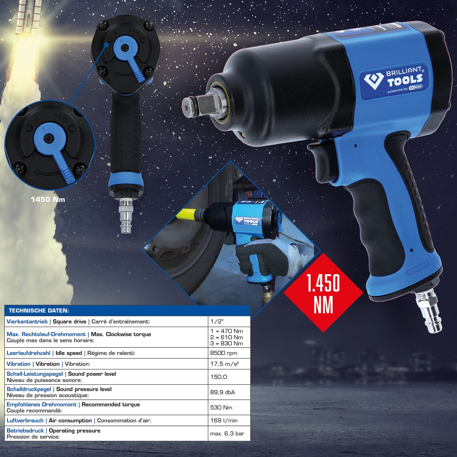BRILLIANT TOOLS 1/2&quot; Druckluft-Schlagschrauber, 1450 Nm (BT160100)