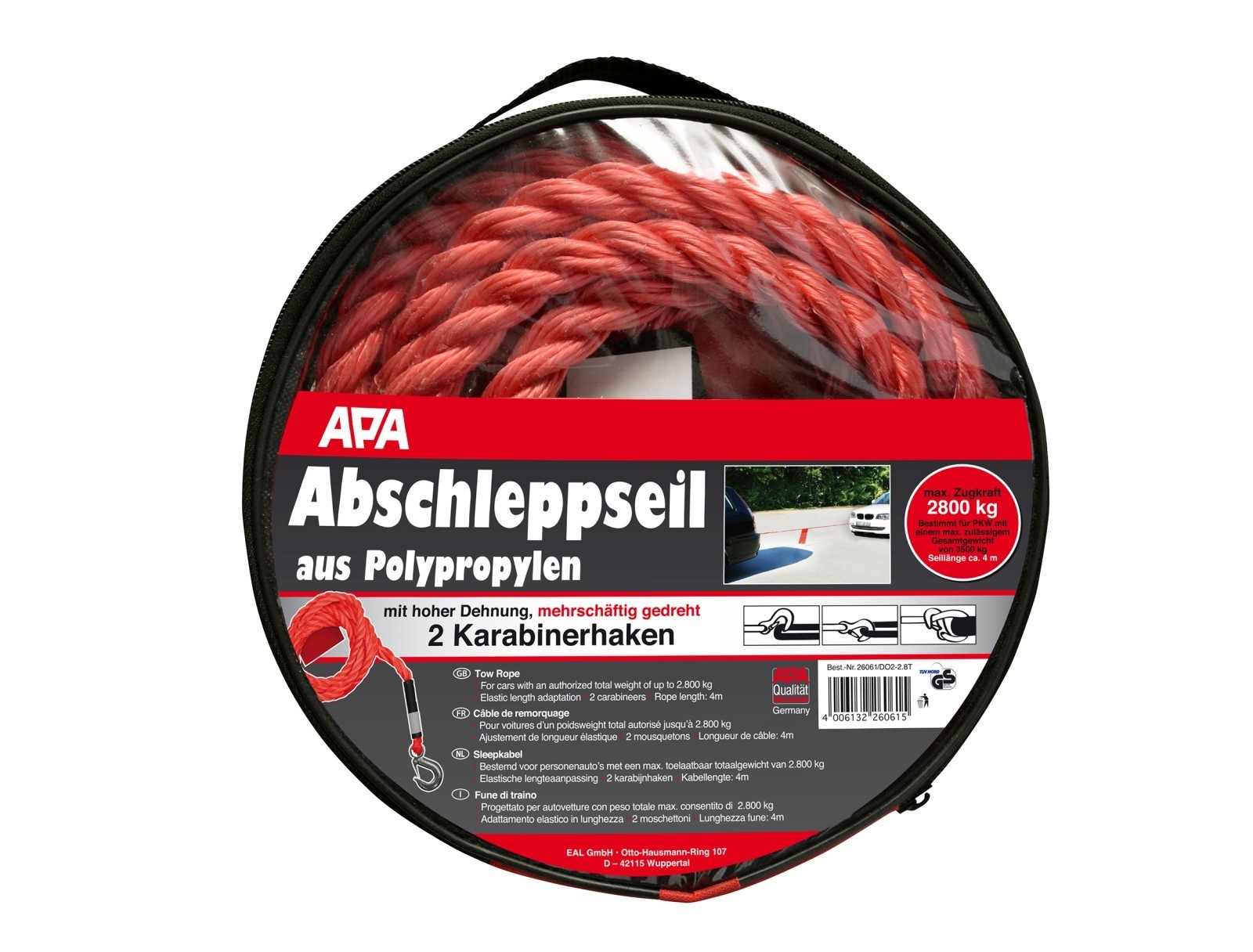 Abschleppseil - elastisch mit 2 Haken - bis zu 2500 kg