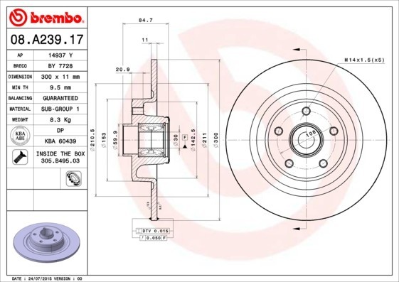 BREMBO Bremsscheibe "PRIME LINE - With Bearing Kit", Art.-Nr. 08.A239.17
